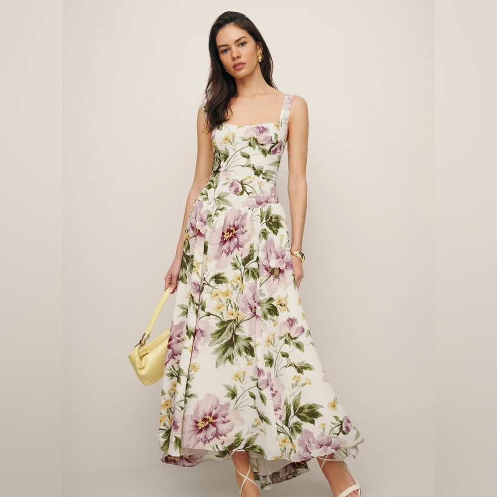 Reformation Kallie Floral Midi Dress in White and Purple
